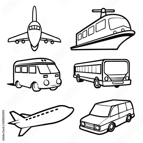 Black and white illustrations of various modes of transportation, including an airplane and bus.
