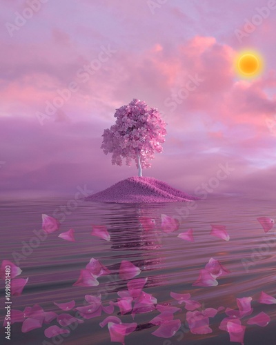 Dreamy pink landscape with cherry blossom tree island and petals floating