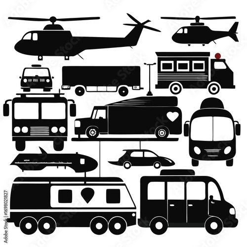 A collection of black silhouette icons depicting various land, air, and specialized vehicles including trucks, cars, buses, and helicopters.
