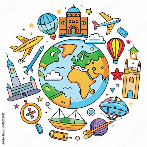 A vibrant illustration of the Earth surrounded by various modes of transportation and iconic landmarks, symbolizing global travel and adventure.