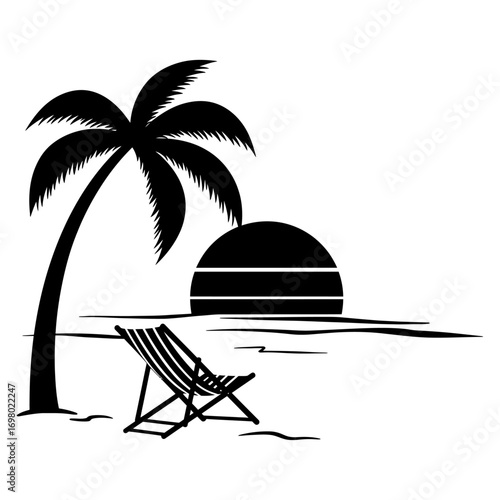 Vector silhouette design of a tropical beach escape with a lone palm tree, a lounge chair and sunset view