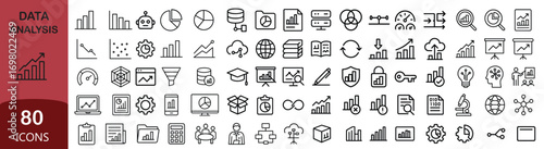 Data analysis line icon set. Featuring charts, graphs, reports, statistics, analytics, business growth, research, monitoring, and management. Minimalist vector collection. Editable illustration.