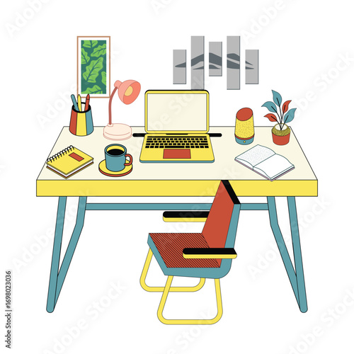 Cartoon vector illustration of a comfortable home office interior with a desk, laptop, and chair.Remote work