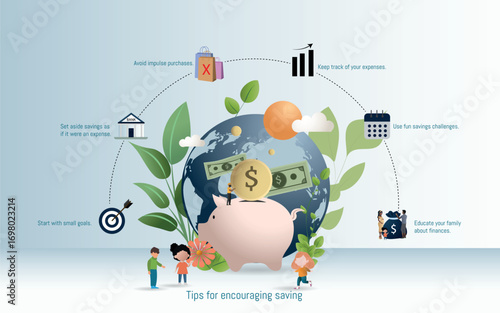 Children learning about saving money with parents, depositing coins into a piggy bank, avoiding impulse purchases, and enjoying fun savings challenges around the globe