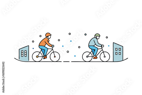 Person riding bicycle in snowy city street, snowflakes falling, winter urban illustration