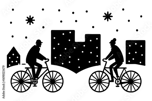 Person riding bicycle in snowy city street, snowflakes falling, winter urban illustration