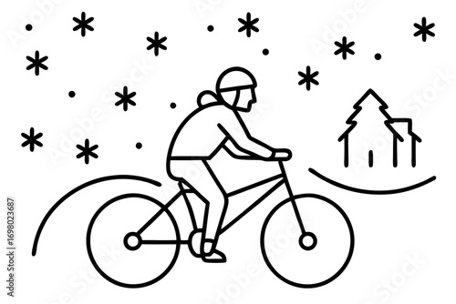 line art Person riding bicycle in snowy city street, snowflakes falling, winter urban illustration