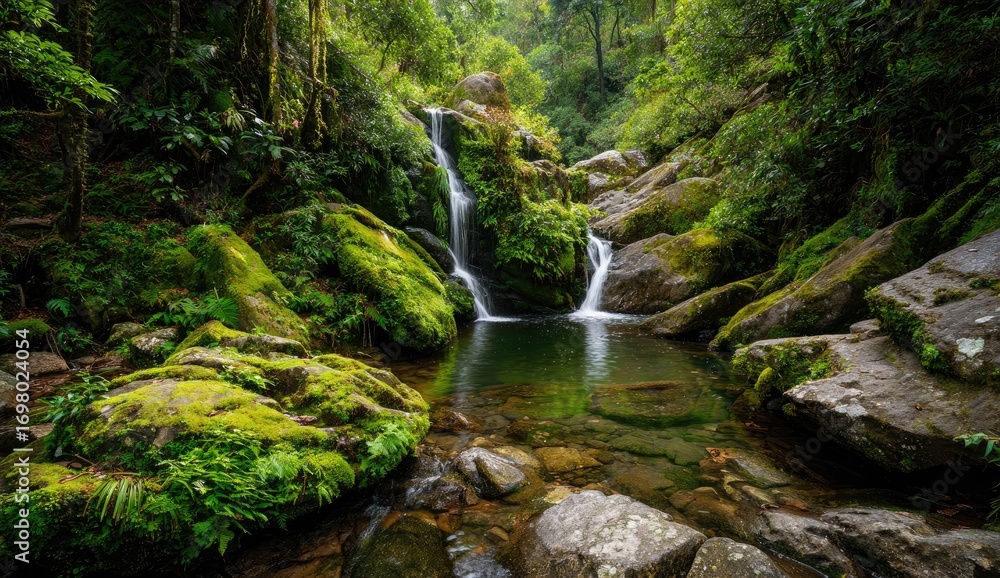 Fototapeta premium Lush waterfall cascading into a tranquil pool, surrounded by mossy rocks and ferns in a dense forest