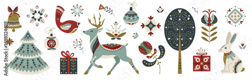 Collection of nordic folk Christmas elements with deer, rabbit, bird, tree, ornaments and gifts. Cozy Scandinavian holiday vector set in festive colors for cards, wrapping, crafts and winter design