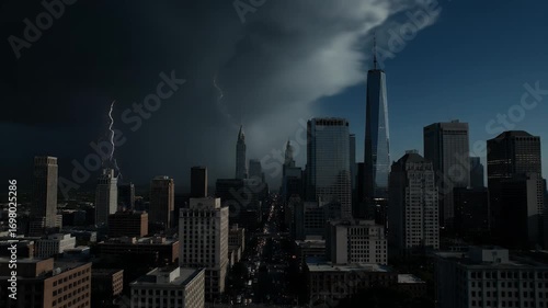 Wallpaper Mural Dramatic lightning strike over a dark city skyline during a powerful storm. Ominous clouds loom over urban skyscrapers at dusk. Torontodigital.ca