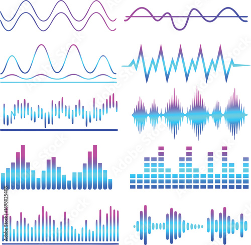 Colorful audio waveforms and sound equalizer graphics in blue and purple tones. Ideal for music, sound technology, and digital media designs. Vector set with various dynamic sound visualization styles