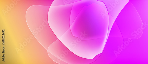 Abstract fluid shapes blend vibrant colors. Soft gradients create luminous, flowing forms. Background transitions from gold to magenta.