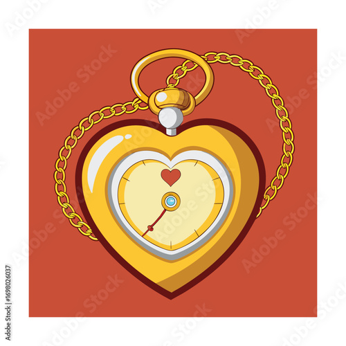 Heart Shaped Pocket Watch with Golden Chain Isolated