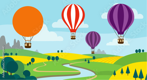Hot air balloons flying over a vibrant green landscape with river and fields