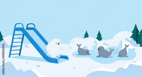 Cute polar bear and seals playing on a slide in a snowy winter landscape