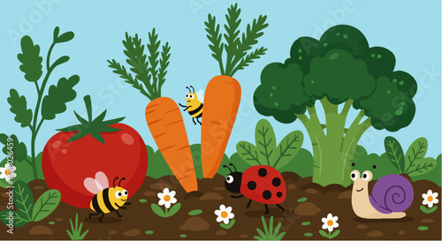 Cute Cartoon Garden with Vegetables and Friendly Insects