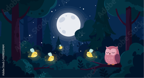 Cute owl and glowing fireflies in magical night forest with full moon