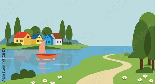 Lakeside Village Scene with Sailboat and Path Vector Illustration