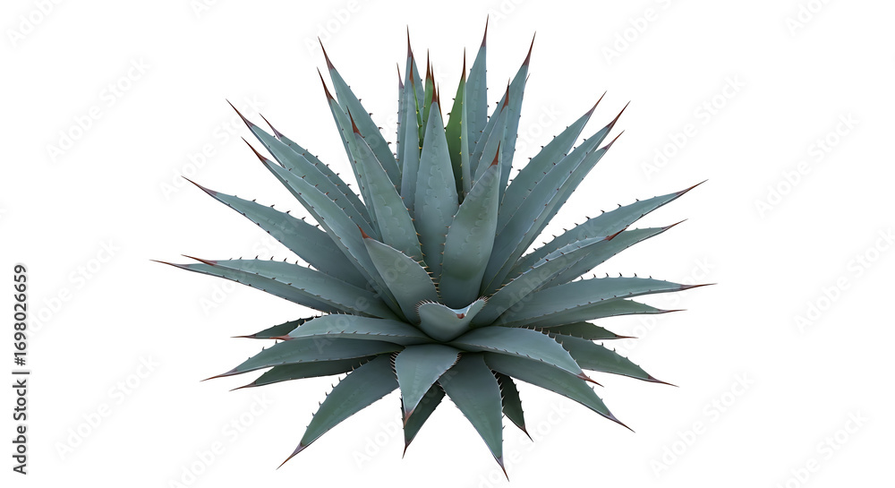 Fototapeta premium A detailed close up shot of a vibrant blue agave plant with sharp pointed leaves isolated on a white background