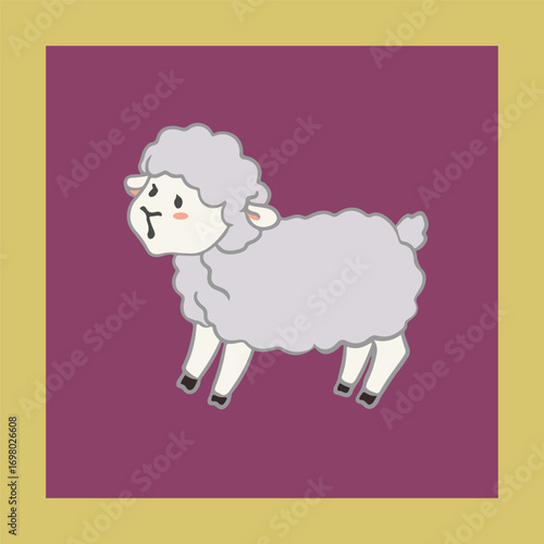 Cute cartoon illustration of a fluffy white lamb with curly wool on colorful background, farm animal design for children.