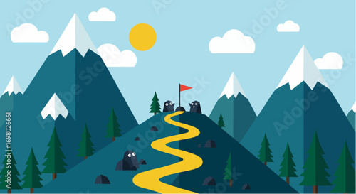 Mountain path to success goal flag achievement journey vector illustration