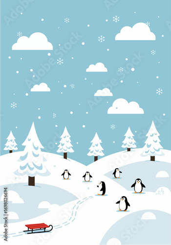 Winter wonderland with cute penguins snow covered trees and a red sled