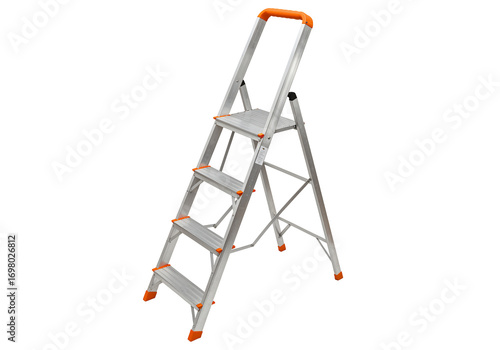Aluminum step ladder with orange accents isolated on transparent background