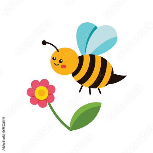 Bee Cartoon Flying Near Flower Isolated on White Background