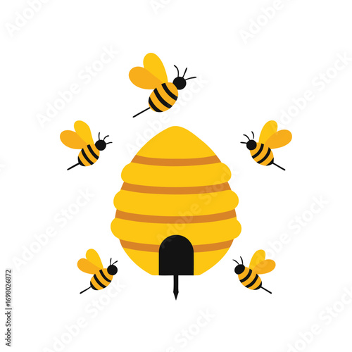 Bee Swarm Flying Around Hive Isolated on White Background