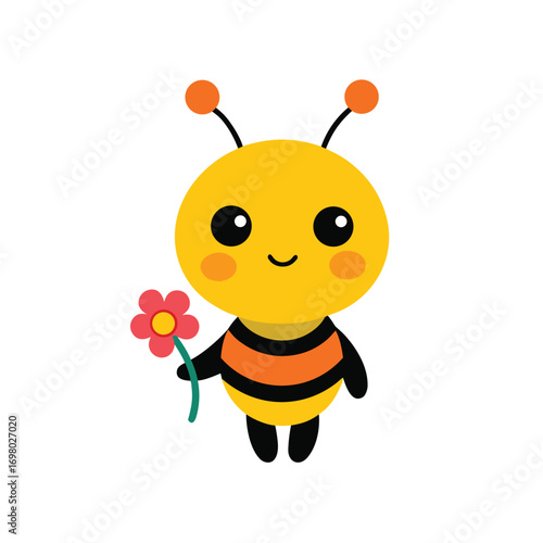 Cute Bee Character Holding Flower Isolated on White Background