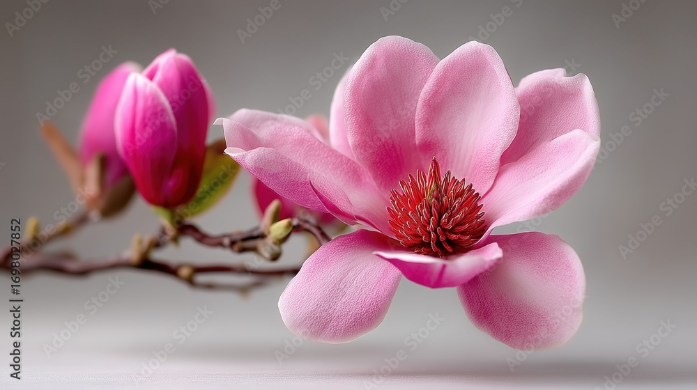 Obraz premium Pink Magnolia Flower and Buds on Soft Gray Background