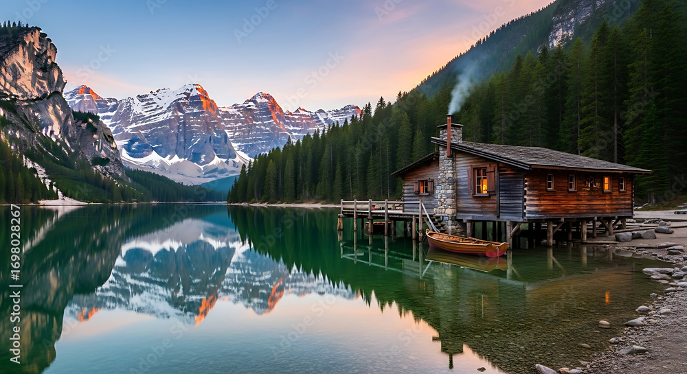 Fototapeta premium Idyllic Mountain Cabin by Crystal Clear Lake in Forest