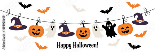 cute halloween garland pumpkins ghosts witch hats vector