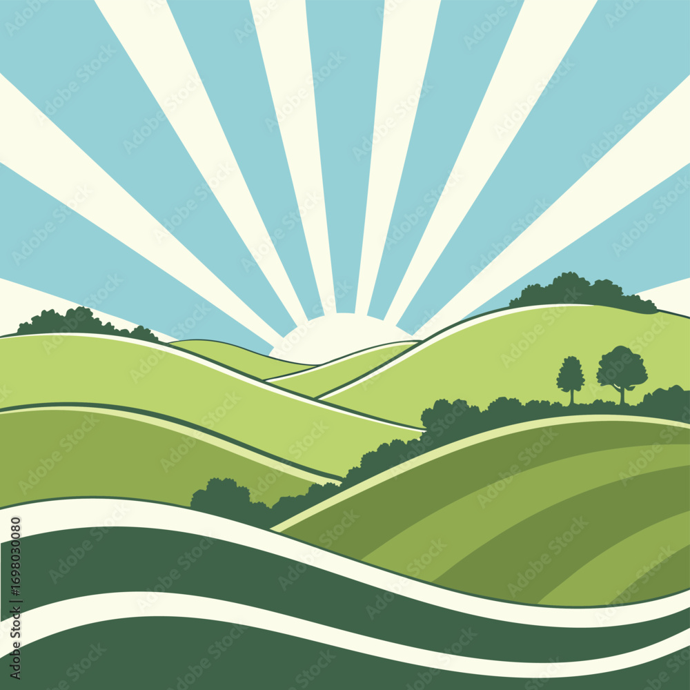 Obraz premium Stylized landscape with layered green hills, silhouetted trees, and a light blue sky featuring white sun rays from the horizon.