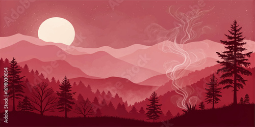 Misty mountain winter landscape with a fiery sunset over snowy hills and a forest valley