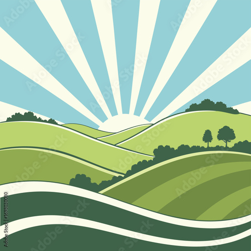 Stylized landscape with layered green hills, silhouetted trees, and a light blue sky featuring white sun rays from the horizon.