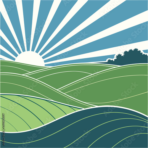 Rolling green landscape with a sun rising over the hills. The sky is a light blue with prominent, radiating sunbeams. The foreground is composed of a stylized field with a darker blue and green.