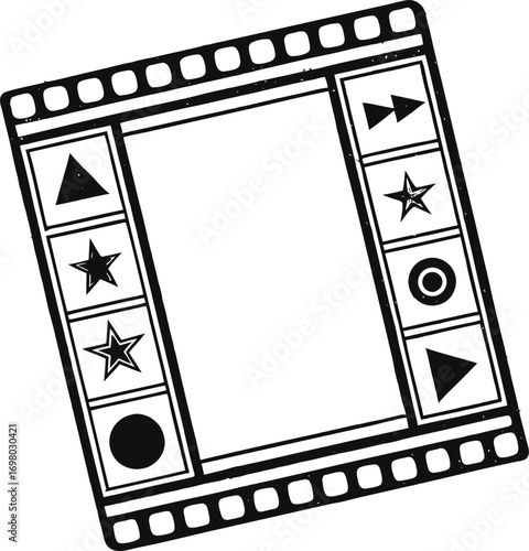 Hand-Drawn Film Strip Frame with Stars, Shapes, and Playback Icons. Retro Movie Template Vector for Cinema, Video Editing, and Creative Projects. Black Outline Illustration on White Background.