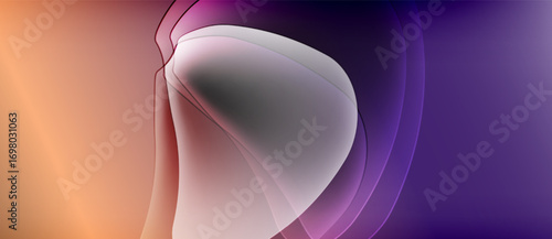 Abstract fluid shapes blend, creating soft gradients. Colors shift from peach to purple. Smooth curves suggest movement, light interaction.