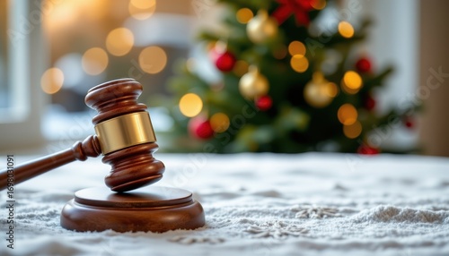 Wooden judicial gavel with red ribbon and small Christmas tree on snowflake covered table, positioned on the left with ample copy space on the right, under golden reflections