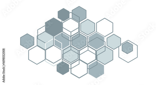 Abstract geometric background featuring a cluster of overlapping gray and outlined hexagons, representing technology and network connections