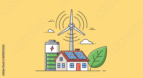 Sustainable home energy solar panels, wind turbine, and battery storage illustration. Represents renewable power generation and eco-friendly living solutions
