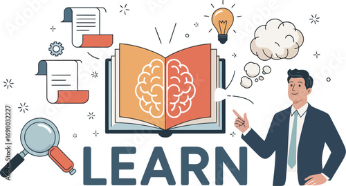 Knowledge Explorer: A stylized illustration portrays a focused individual amidst symbolic elements of learning and insight. The image is a dynamic representation of study and growth.