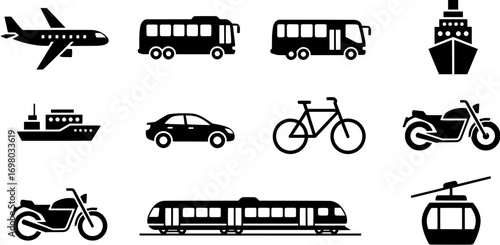 Set of black flat icons representing different modes of transportation