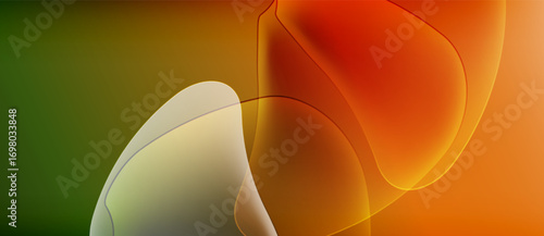 Abstract shapes blend, creating warm color gradients. Green transitions to orange, forming fluid design. Soft light enhances visual appeal.