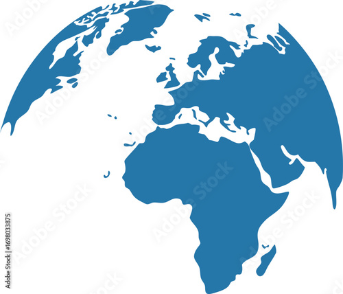 Flat Vector Earth Map Showing Europe, Africa, and Middle East in Blue. Minimal Globe Silhouette for Educational, Environmental, and Business Use. Simple World Map Isolated on White Background.