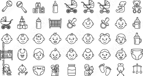 Set of baby related outline icons including toys, furniture and baby care items
