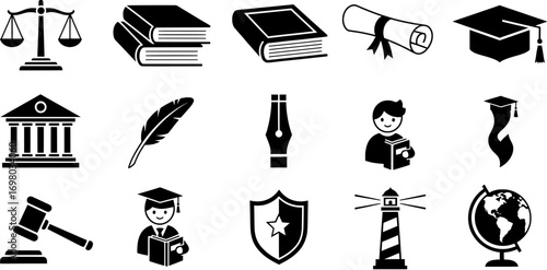 Set of black and white education and law icons including graduation cap, books, scales, and gavel