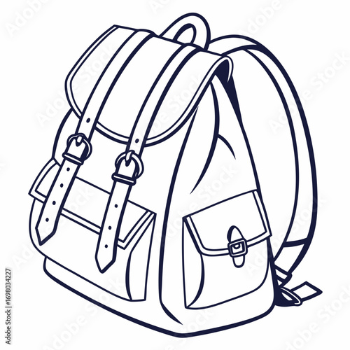Classic vintage style backpack with buckle straps and pockets isolated on white background