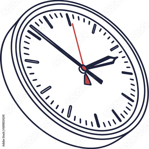 Close up of a simple hand drawn analog clock face with dark blue outline and red second hand